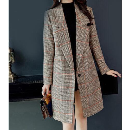 Wild womens jacket autumn and winter new Korean version of the retro large size long woolen coat tartan coat TB190510