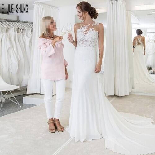 E JUE SHUNG Summer A Line Boho Wedding Dresses O Neck Sleeveless Lace Appliques Illusion Back Bridal Gowns Vestido De Noiva