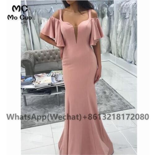 2021 Blush Mermaid Evening Prom Dresses Long Cap Sleeves Spaghetti Straps V-Neck Robe De Soiree Evening Party Prom Dresses