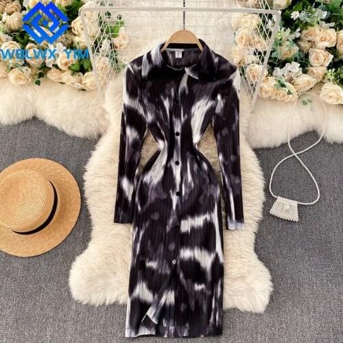 Spring Autumn Women Vintage Dresses Tie dye Fashion Single Breasted Long Sleeve Maxi Dress Ladies High Waist Creasing Dresses
