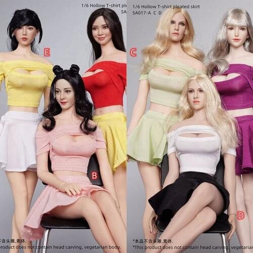 1/6 Female Hollow T-shirt Pleated Skirt Set Women Clothes Model For 12'' Action Figure Dolls