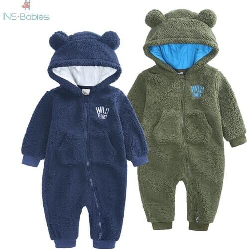 2020 New Baby boy clothes Autumn Newborn romper with zipper for boys and girl Thickened green jumpsuit with hooded kids Costume