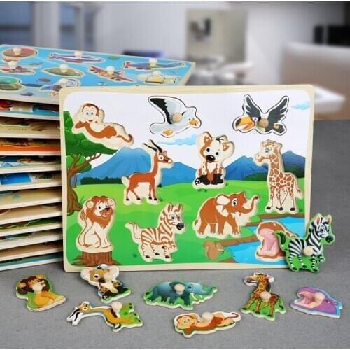 Baby toy Wooden Puzzle/Hand Grab Board Set Cartoon Vehicle/ Marine Animal Educational Wooden Toy Montessori Puzzle for ch