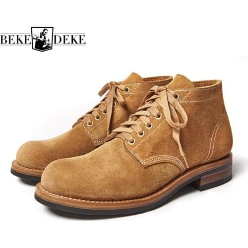 Breathable Vintage England Style Men Brown Short Tube Boots Lace-Up Round Toe Genuine Leather Cow Suede High Quality Boot Autumn