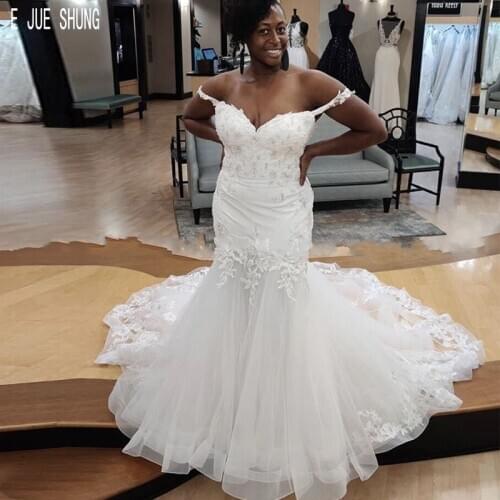 E JUE SHUNG Sexy Luxury African Wedding Dresses Off The Shoulder Lace Appliques Backless Mermaid Wedding Gowns Vestido de noiva