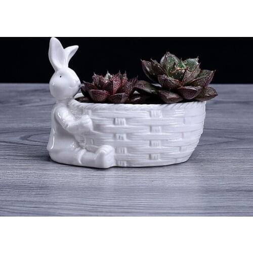 Porcelain Bunny Figurine Succulent Plant Pot Decorative Desktop Ceramics Rabbit Flower Planter Garden Ornament Craft Accessories