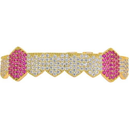 Hip Hop Fang TeethGrillz Gold Color Micro Pave Cubic Colorful Zircon Top Teeth Caps Mouth Teeth Grills