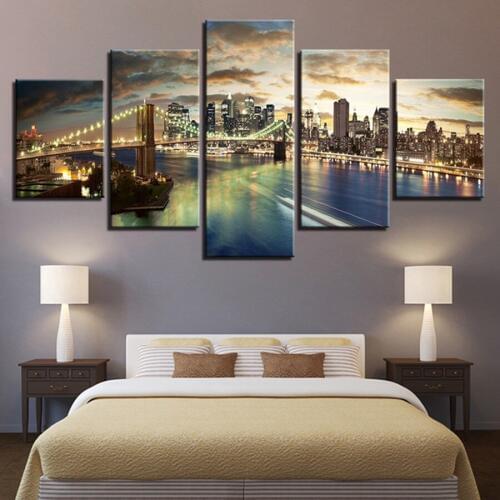 Canvas Painting Living Room Wall Art 5 Piece Brooklyn Bridge City Night View Pictures Modular HD Prints Poster Decor Framework
