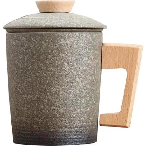 Ceramic tea cup with fliter office drinking mug with lid creative stoneware Japanese style wooden handle mug water cup