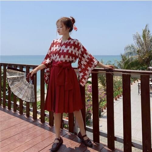 Asian Japanese Traditional Style Kimono Haori Long Sleeve Woman Print Dress Hanfu Summer Vacation Outfit Bow Skirt Red Navy
