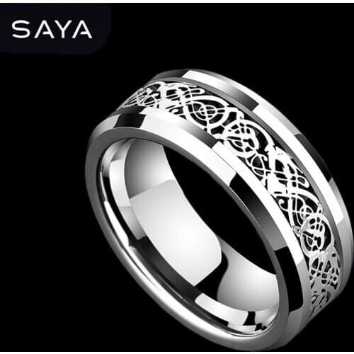 Ring for Men, Tungsten Dragon Pattern Ring, 8mm Width Band High Polished for Wedding, Free Shipping, Customized