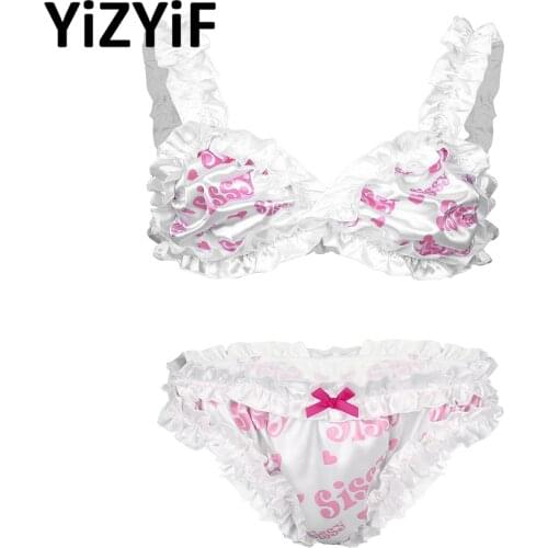 Mens 2Pcs Lingerie Set Sissy Ruffled Print Bra Tops with Panties Lingerie Nightwear Set