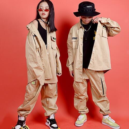 Hip Hop Costumes Street Dance Clothing Girls Boys Khaki Shirt Pants Stage Performance Wear Jazz Modern Dancing Outfit Kid DN4635