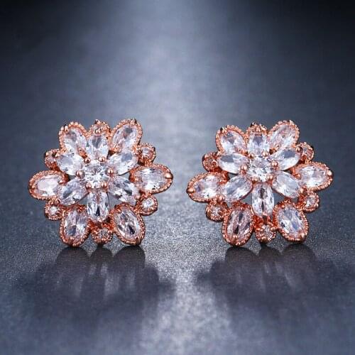 KSRA Delicate Rose Gold Floral Earrings For Women Rhinestone Stud Cubic Zirconia Wedding Jewelry Bridesmaids Gift Hypoallergenic