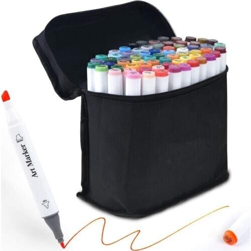 Art Markers 60 Coloring Markers + 1 Blender, Alcohol Based Dual Tip Permanent Markers Highlighters with Case