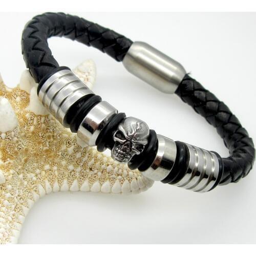 Fashion Mens Stainless Steel Two Size "Love" Skull Bracelets For Men Cuff Steel Black Gothic Cross Braided Leather bangles