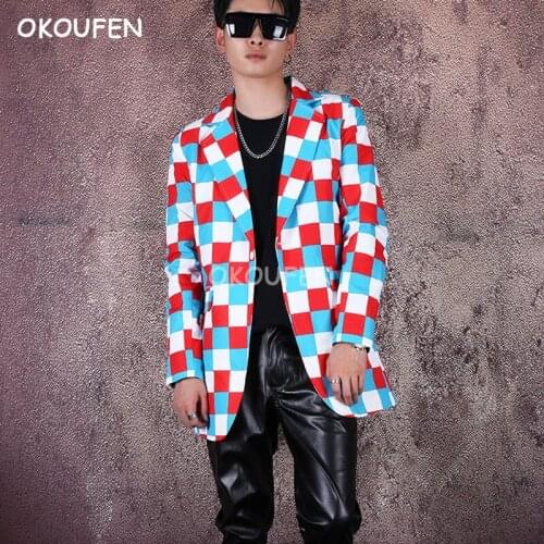 New nightclub singer stage performance performance coat colorful mens red blue plaid long section tide mens casual blazer