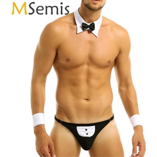 Mens Butler Maid Waiters Costume Lingerie Gay Role Suit Open Butt Tuxedo G-string Thong Underwear with Bow Tie Collar Bracelets