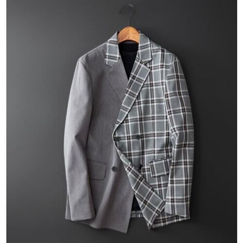 2021 Korean version of the suit plaid AB color matching personality double-breasted slightly wide suit trendy man