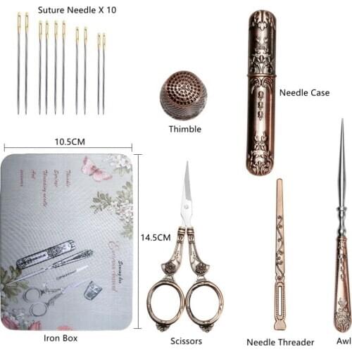 Vintage Embroidery Scissor Sewing Tool Set / Needle bottle/ Needles/ Sewing Thimble/ Storage Box Sewing Kits For Needlework