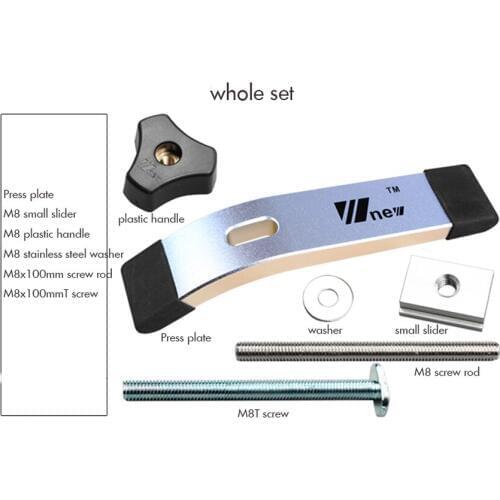 Clamp Set for T-Slot Press plate, M8 small slider, M8 plastic handle, M8 stainless steel washer, M8x100mm screw, M8x100mmT screw