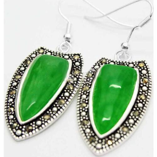 Wholesale new 925 Sterling Silver Natural Green Quartzite stone Marcasite Dangle Drop Earrings