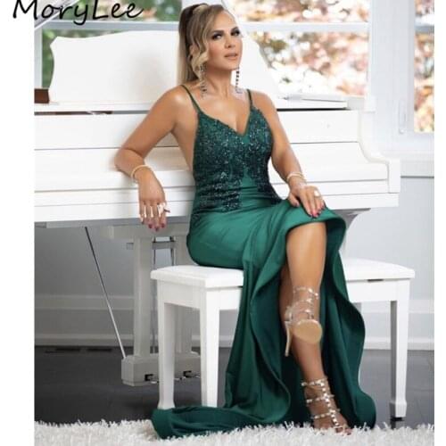 Prom Dresses Green Spaghetti Straps Spandex Satin Lace Crystal Mermaid Prom Dresses With Zipper Back vestidos de fiesta de noche