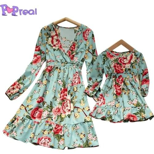 PopReal Fashion Flowers Print Long Sleeve V-Neck Family Matching Outfits Family Dress Mom And Daughter Skirt Mother Kids Dress
