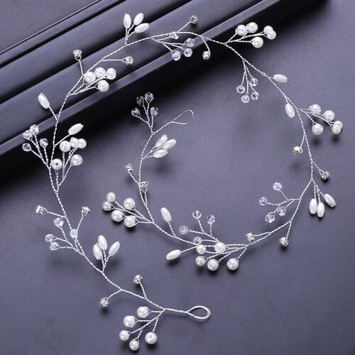 Hot Sale Cheap Silver Color Gold Pearl Crystal Headbands For Women Simple Hairbands 50cm Long Wedding Fashion Hair Accessories