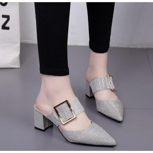 Women Belt Buckle Sandals Pointed Toe Fashion Casual Shoes Chunky High Heels sandals