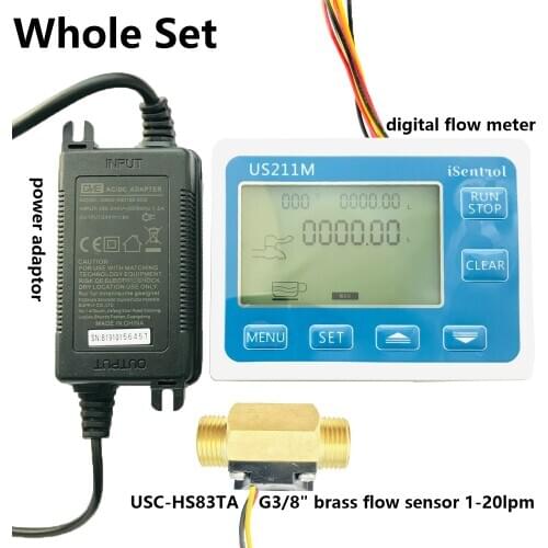 US211M Digital Flow meter Display with USC-HS83TA G3/8" Brass Flow Meter Totalizer Flow Measurement 1-20L/min