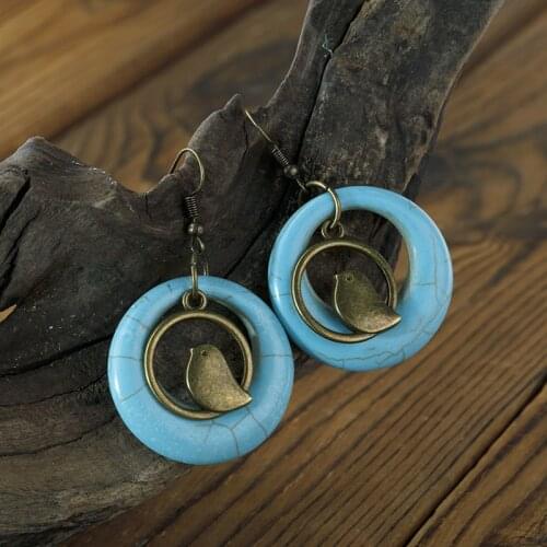 Bohemian Blue Stone Cute Bird Earrings Lovely Jewelry Turquoises Hollow Round Bronze Metal Statement Earrings for Women