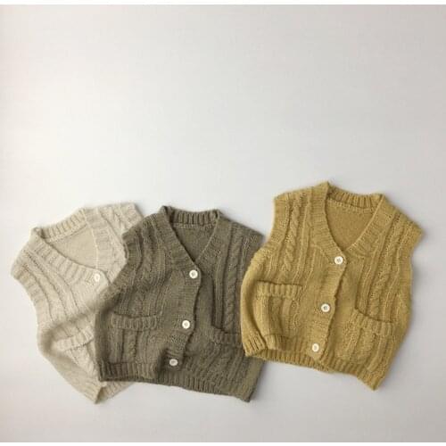 2021 Spring New Unisex Kids Knitted Sleeveless Cardigan Pockets Baby Boys Girls Vest Solid Color Korean Style Children Waistcoat