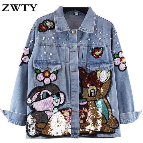 ZWTY Women Denim Jacket Overcoat Sequins Beading Cartoon Jeans Jacket Vintage Casual Denim Coat Female Outwear Tops