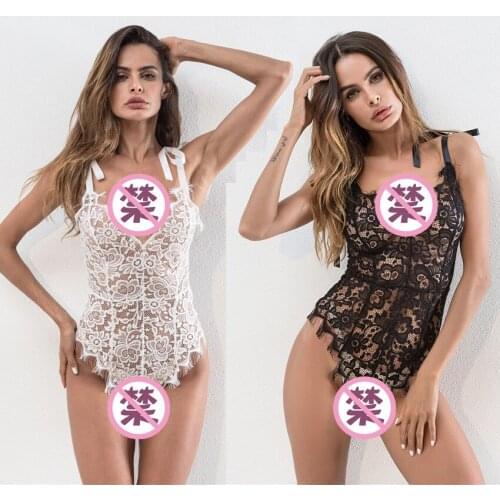 Womens Wear Sexy Lingerie Lace Romper Splicing Mesh Deep V Perspective Bodysuit XL