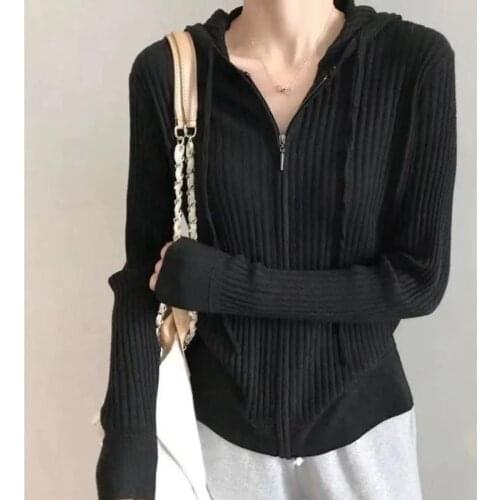 Hooded Casual Womens Wear Korean Version 2021 New Sweater Cardigan Zipper Solid Color Loose Versatile Thickened Spring Top