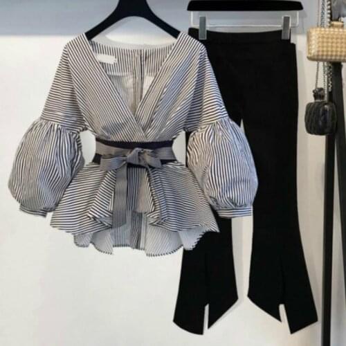 2021 Fashion Lantern Sleeve Shirt Women Casual Korean Striped Shirt Elegant Summer Ladies Bowknot V-neck Tops Women Clothing