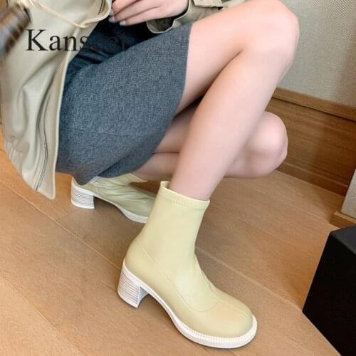 Kanseet Size 34-43 Thick Heels Shoes 2021 Autumn Winter New Stretch Microfiber Leather Beige Round Toe Zip Women Mid-Calf Boots