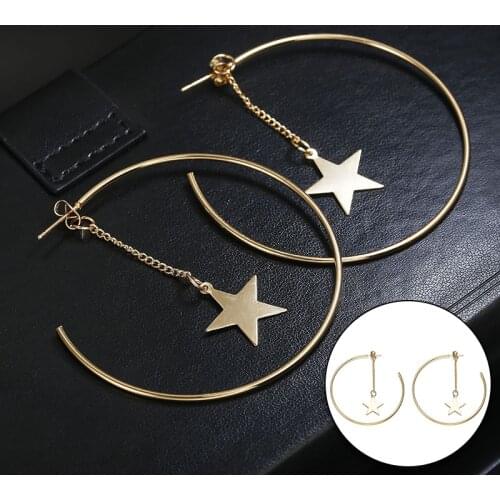 Gold Color Big Circle Stud Earrings For Women Geometric Round Hollow Star Pendant Fashion Earrings Princess Earrings Hot Sale