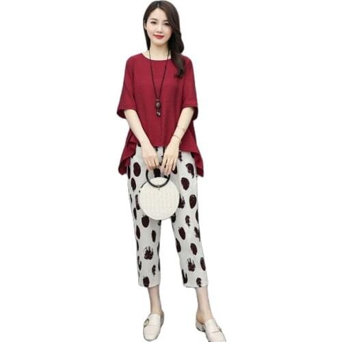 2021 Summer Set Women Two Piece Set Cotton linen Tops +Printed Cropped Oints Pants Suit High waist Flax Two-Piece Suit D1081