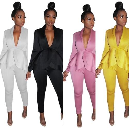 Womens Sexy Solid Color V Lead Twinset Suit Blazer Long Sleeve Jacket Top Long Pants Suit Two Piece Set Outfits