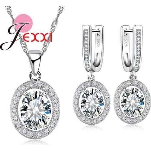 Queen Items Bridal 925 Sterling Silver Jewelry Sets Women Crystal Round Zircon Necklace Earrings Set for Wedding Party