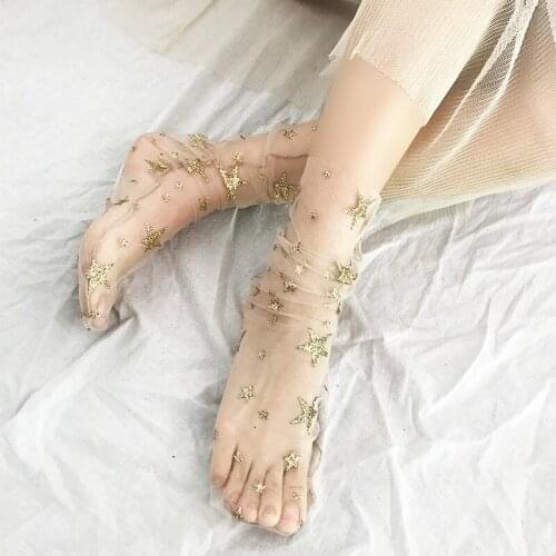 2018 New Summer Fashion Fairy Women Star Sheer Hosiery Multi Color Thin Glitter Mesh Tulle Transparent Fishnet Socks Hot Mujer