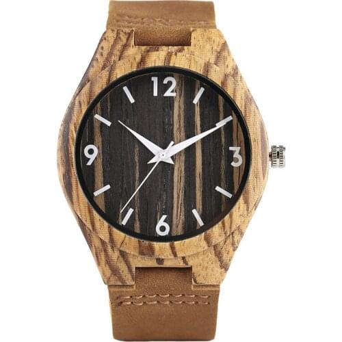 Creative Black Sandalwood Watch Natural Wood Clock Mens Quartz Analog Wristwatch Arabic Number Display Genuine Leather Strap