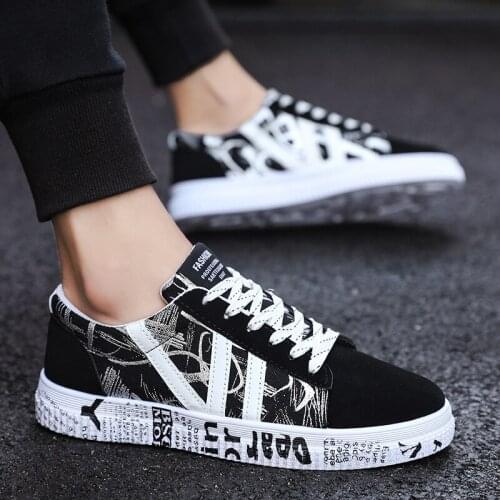 Breathable Comfortable Mens Shoes Casual Men Lace-up Non-slip Canvas Shoes Cheap Mens Sneakers Black Fashions Graffiti Shoes Men
