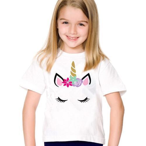 Kids Summer T shirt 2 6 8 10 Years Birthday Girl Unicorn Face Print Childrens T-shirt Baby Girls Funny Cartoon Clothes Boy Tee