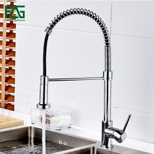FLG Chrome Kitchen Faucets Brass Faucets for Kitchen Sink Single Lever Pull Down Spring Spout Mixers Tap Hot Cold Water Crane