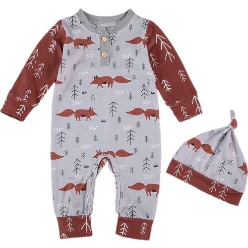 2020 New Fall Autumn 0-24M Infant Baby Boys Girls 2Pcs Set Cute Fox Print Button Decorate Long Sleeve Romper+Hat Toddler Outfit