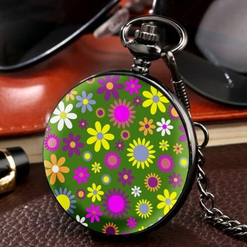 Colorful Flowers Paintings Beautiful Quartz Pocket Watch Chain Pastoralism Pocket Chain Retro Pocket Pendant Clock Men Lady