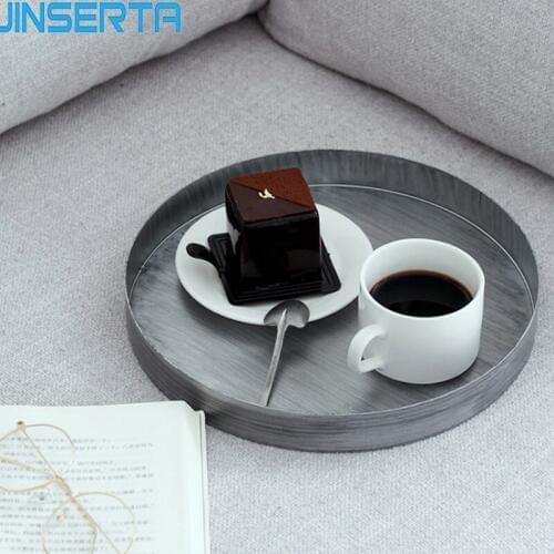 JINSERTA Metal Serving Tray Jewelry Display Plate Retro Dessert Cake Fruit Snack Plate Silver Tea Cup Organizer Desktop Decor